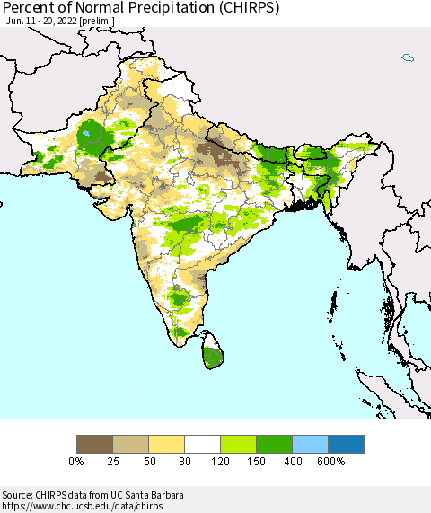 Southern Asia Percent of Normal Precipitation (CHIRPS) Thematic Map For 6/11/2022 - 6/20/2022
