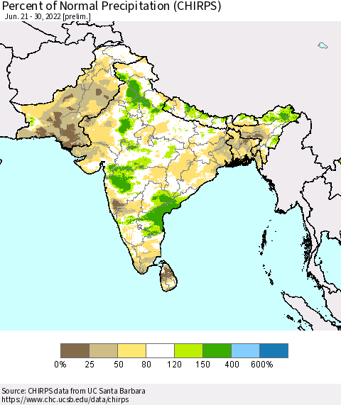 Southern Asia Percent of Normal Precipitation (CHIRPS) Thematic Map For 6/21/2022 - 6/30/2022