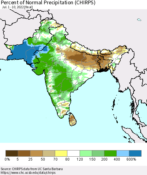 Southern Asia Percent of Normal Precipitation (CHIRPS) Thematic Map For 7/1/2022 - 7/10/2022