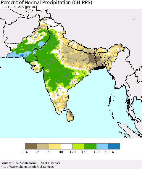 Southern Asia Percent of Normal Precipitation (CHIRPS) Thematic Map For 7/11/2022 - 7/20/2022