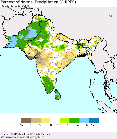 Southern Asia Percent of Normal Precipitation (CHIRPS) Thematic Map For 7/21/2022 - 7/31/2022