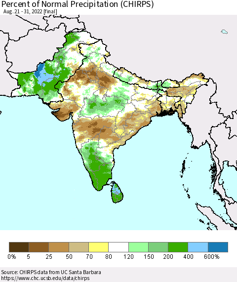 Southern Asia Percent of Normal Precipitation (CHIRPS) Thematic Map For 8/21/2022 - 8/31/2022