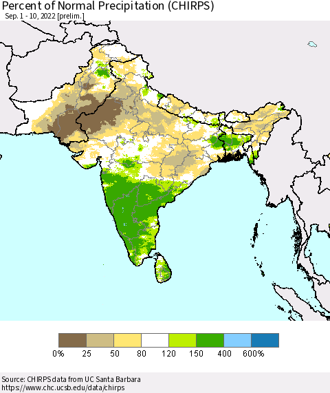 Southern Asia Percent of Normal Precipitation (CHIRPS) Thematic Map For 9/1/2022 - 9/10/2022