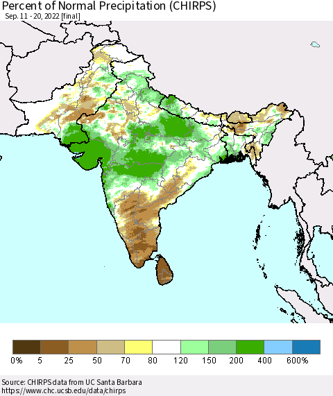 Southern Asia Percent of Normal Precipitation (CHIRPS) Thematic Map For 9/11/2022 - 9/20/2022