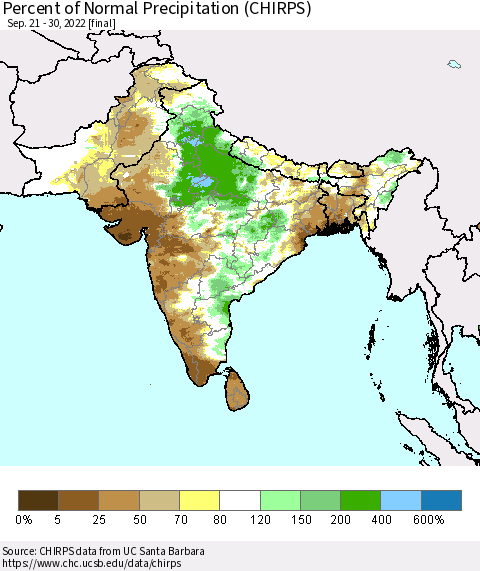 Southern Asia Percent of Normal Precipitation (CHIRPS) Thematic Map For 9/21/2022 - 9/30/2022