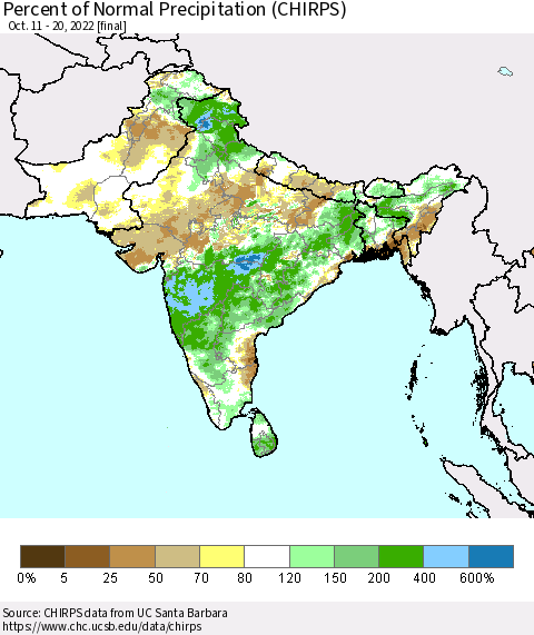 Southern Asia Percent of Normal Precipitation (CHIRPS) Thematic Map For 10/11/2022 - 10/20/2022