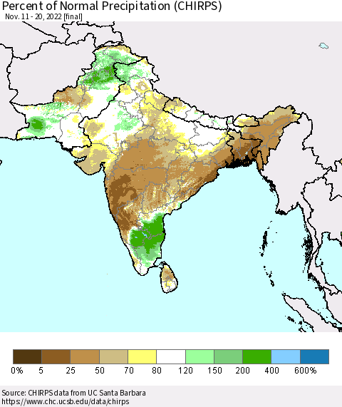 Southern Asia Percent of Normal Precipitation (CHIRPS) Thematic Map For 11/11/2022 - 11/20/2022