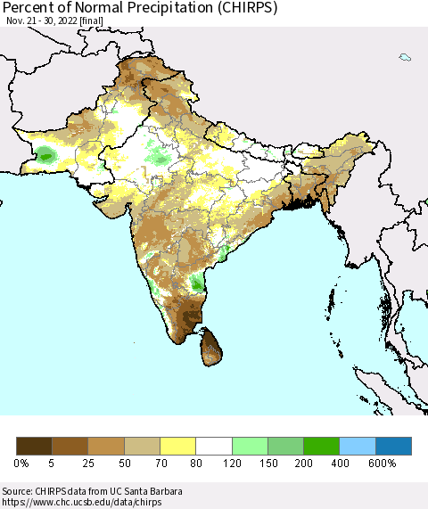 Southern Asia Percent of Normal Precipitation (CHIRPS) Thematic Map For 11/21/2022 - 11/30/2022