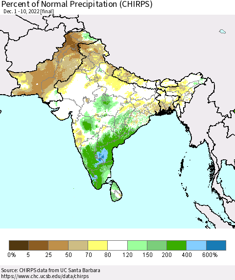 Southern Asia Percent of Normal Precipitation (CHIRPS) Thematic Map For 12/1/2022 - 12/10/2022