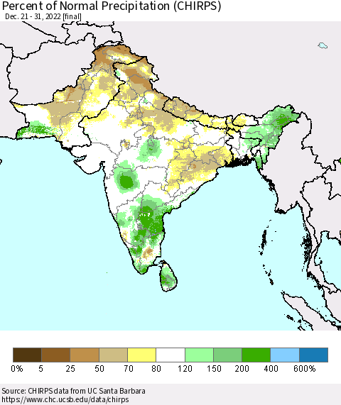 Southern Asia Percent of Normal Precipitation (CHIRPS) Thematic Map For 12/21/2022 - 12/31/2022