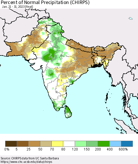 Southern Asia Percent of Normal Precipitation (CHIRPS) Thematic Map For 1/21/2023 - 1/31/2023