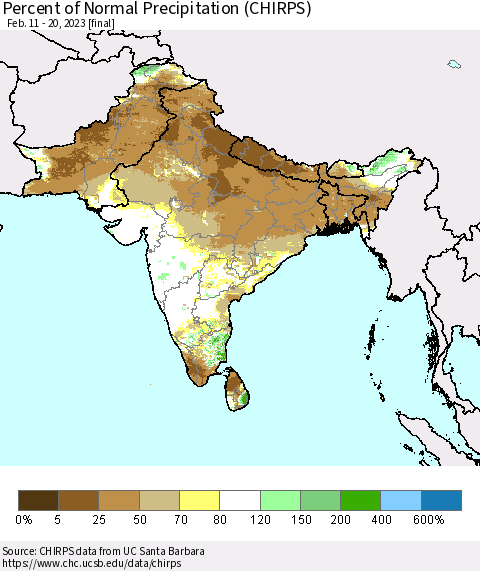 Southern Asia Percent of Normal Precipitation (CHIRPS) Thematic Map For 2/11/2023 - 2/20/2023