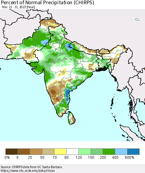 Southern Asia Percent of Normal Precipitation (CHIRPS) Thematic Map For 3/21/2023 - 3/31/2023