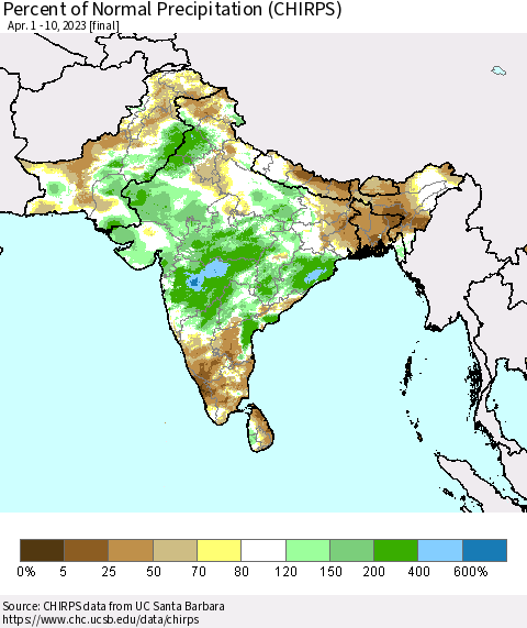 Southern Asia Percent of Normal Precipitation (CHIRPS) Thematic Map For 4/1/2023 - 4/10/2023