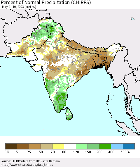 Southern Asia Percent of Normal Precipitation (CHIRPS) Thematic Map For 5/1/2023 - 5/10/2023