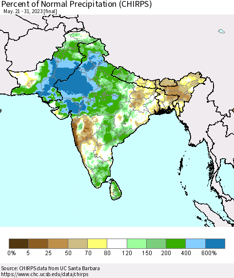 Southern Asia Percent of Normal Precipitation (CHIRPS) Thematic Map For 5/21/2023 - 5/31/2023