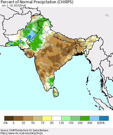 Southern Asia Percent of Normal Precipitation (CHIRPS) Thematic Map For 6/1/2023 - 6/10/2023