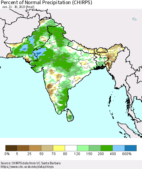 Southern Asia Percent of Normal Precipitation (CHIRPS) Thematic Map For 6/21/2023 - 6/30/2023