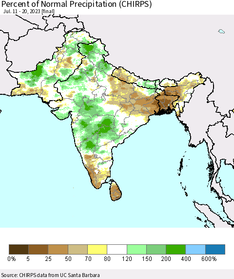 Southern Asia Percent of Normal Precipitation (CHIRPS) Thematic Map For 7/11/2023 - 7/20/2023