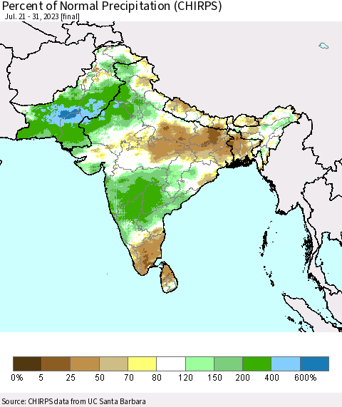 Southern Asia Percent of Normal Precipitation (CHIRPS) Thematic Map For 7/21/2023 - 7/31/2023