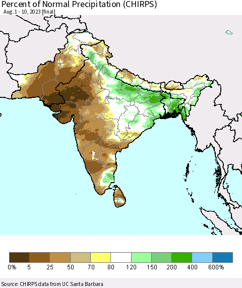 Southern Asia Percent of Normal Precipitation (CHIRPS) Thematic Map For 8/1/2023 - 8/10/2023