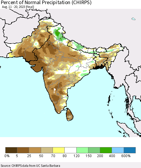 Southern Asia Percent of Normal Precipitation (CHIRPS) Thematic Map For 8/11/2023 - 8/20/2023