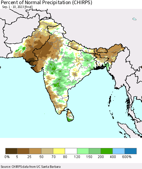 Southern Asia Percent of Normal Precipitation (CHIRPS) Thematic Map For 9/1/2023 - 9/10/2023