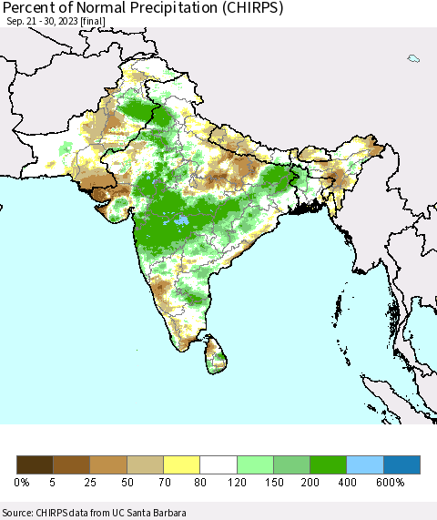 Southern Asia Percent of Normal Precipitation (CHIRPS) Thematic Map For 9/21/2023 - 9/30/2023