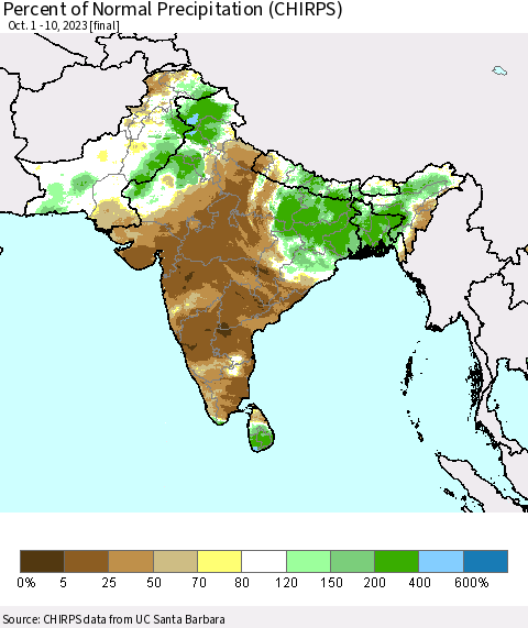 Southern Asia Percent of Normal Precipitation (CHIRPS) Thematic Map For 10/1/2023 - 10/10/2023