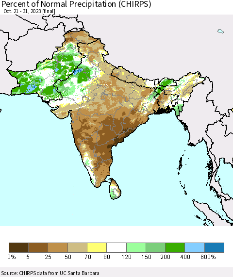 Southern Asia Percent of Normal Precipitation (CHIRPS) Thematic Map For 10/21/2023 - 10/31/2023