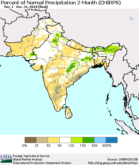 Southern Asia Percent of Normal Precipitation 2-Month (CHIRPS) Thematic Map For 11/1/2018 - 12/31/2018