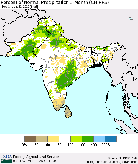 Southern Asia Percent of Normal Precipitation 2-Month (CHIRPS) Thematic Map For 12/1/2018 - 1/31/2019
