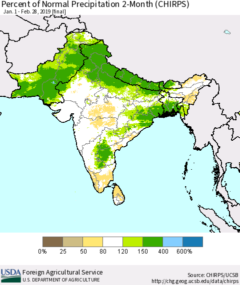Southern Asia Percent of Normal Precipitation 2-Month (CHIRPS) Thematic Map For 1/1/2019 - 2/28/2019