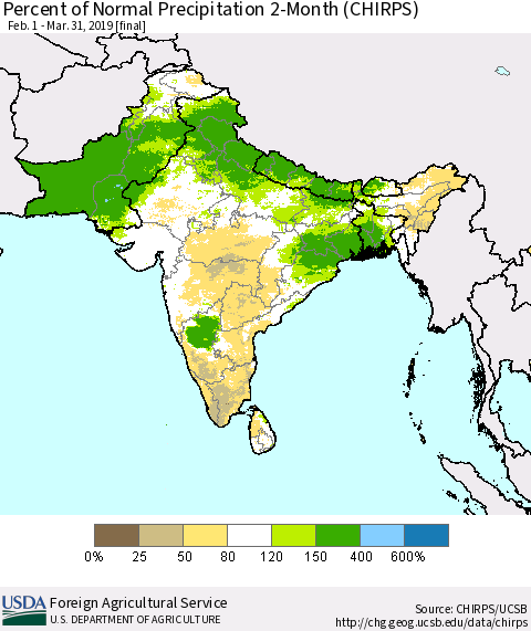 Southern Asia Percent of Normal Precipitation 2-Month (CHIRPS) Thematic Map For 2/1/2019 - 3/31/2019
