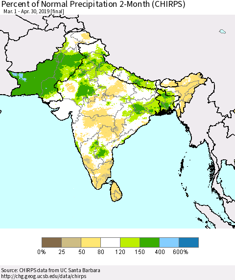 Southern Asia Percent of Normal Precipitation 2-Month (CHIRPS) Thematic Map For 3/1/2019 - 4/30/2019
