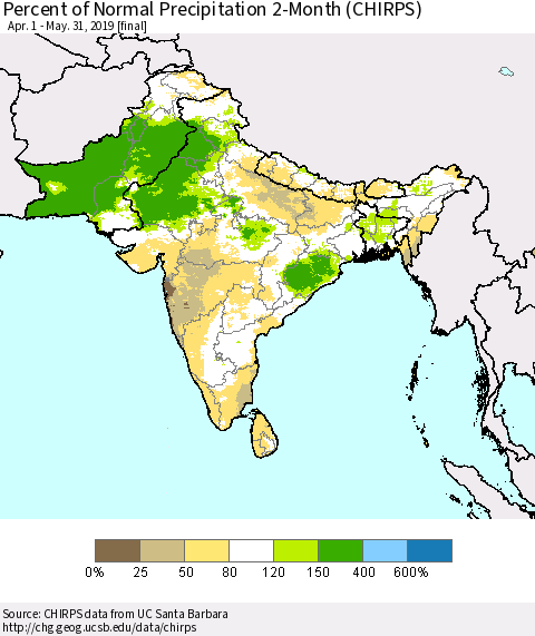 Southern Asia Percent of Normal Precipitation 2-Month (CHIRPS) Thematic Map For 4/1/2019 - 5/31/2019