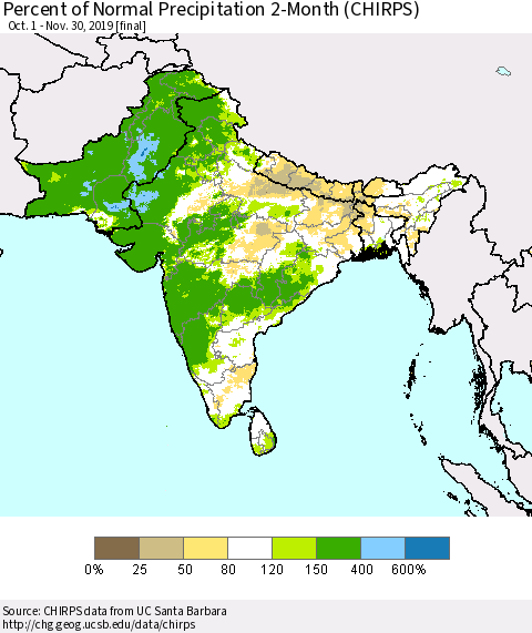 Southern Asia Percent of Normal Precipitation 2-Month (CHIRPS) Thematic Map For 10/1/2019 - 11/30/2019