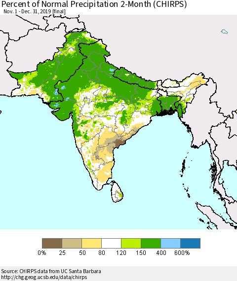 Southern Asia Percent of Normal Precipitation 2-Month (CHIRPS) Thematic Map For 11/1/2019 - 12/31/2019