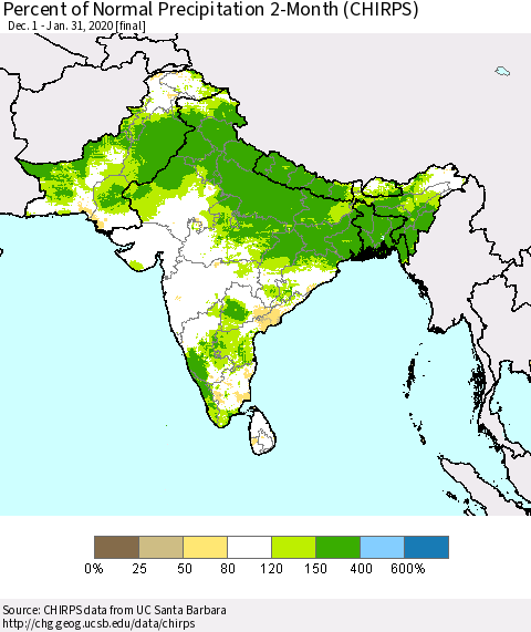 Southern Asia Percent of Normal Precipitation 2-Month (CHIRPS) Thematic Map For 12/1/2019 - 1/31/2020