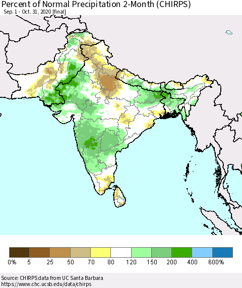 Southern Asia Percent of Normal Precipitation 2-Month (CHIRPS) Thematic Map For 9/1/2020 - 10/31/2020