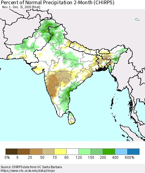 Southern Asia Percent of Normal Precipitation 2-Month (CHIRPS) Thematic Map For 11/1/2020 - 12/31/2020