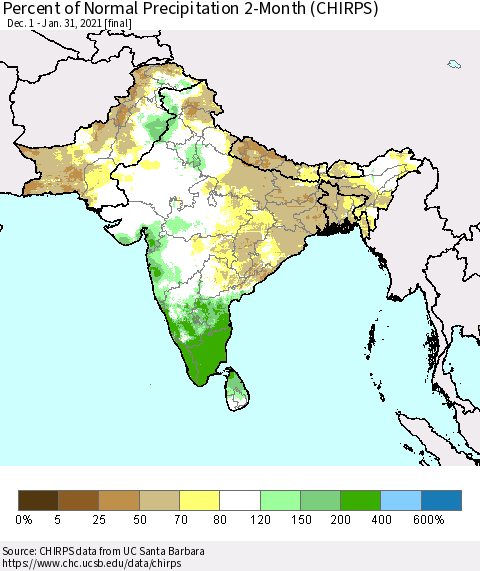 Southern Asia Percent of Normal Precipitation 2-Month (CHIRPS) Thematic Map For 12/1/2020 - 1/31/2021