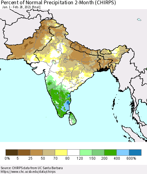 Southern Asia Percent of Normal Precipitation 2-Month (CHIRPS) Thematic Map For 1/1/2021 - 2/28/2021