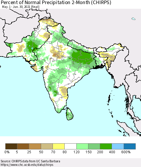 Southern Asia Percent of Normal Precipitation 2-Month (CHIRPS) Thematic Map For 5/1/2021 - 6/30/2021