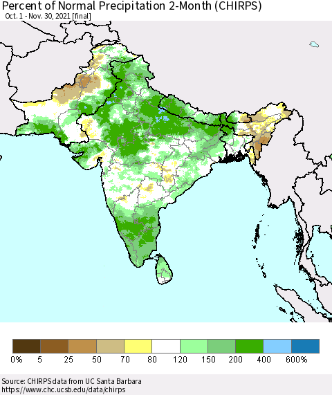 Southern Asia Percent of Normal Precipitation 2-Month (CHIRPS) Thematic Map For 10/1/2021 - 11/30/2021