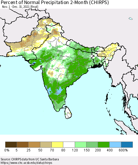 Southern Asia Percent of Normal Precipitation 2-Month (CHIRPS) Thematic Map For 11/1/2021 - 12/31/2021