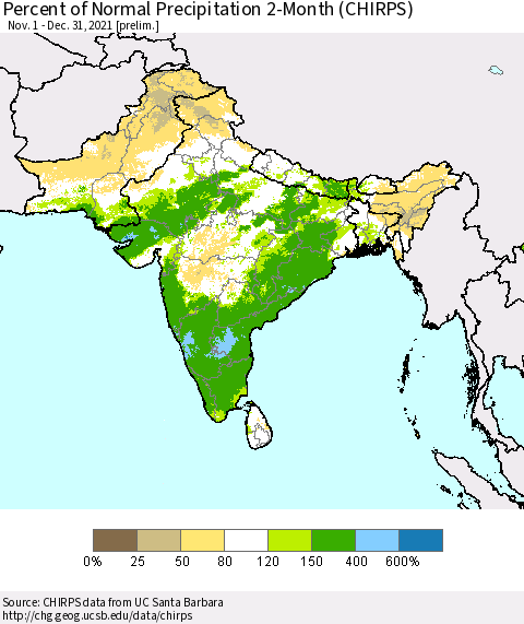 Southern Asia Percent of Normal Precipitation 2-Month (CHIRPS) Thematic Map For 11/1/2021 - 12/31/2021