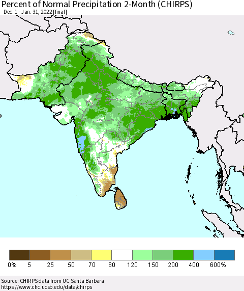 Southern Asia Percent of Normal Precipitation 2-Month (CHIRPS) Thematic Map For 12/1/2021 - 1/31/2022