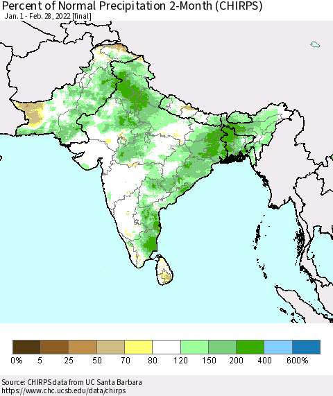 Southern Asia Percent of Normal Precipitation 2-Month (CHIRPS) Thematic Map For 1/1/2022 - 2/28/2022