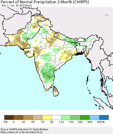 Southern Asia Percent of Normal Precipitation 2-Month (CHIRPS) Thematic Map For 5/1/2022 - 6/30/2022